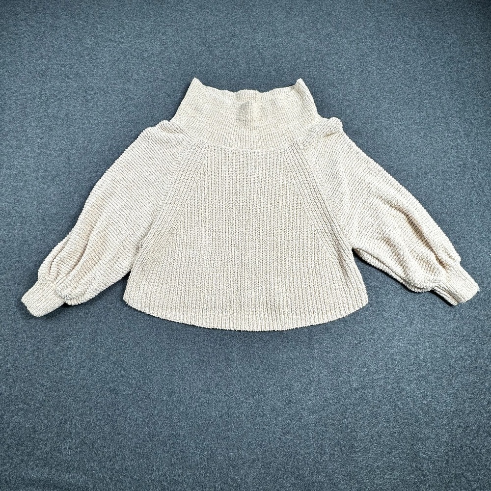 Free People Beige Boucle Knit Mock Neck Balloon Sleeve Cropped Sweater XS